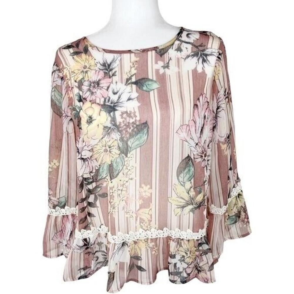 Womens Size Medium Floral Boho‎ Peasant Blouse Sheer Lace Cottagecore Top